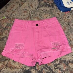 Roswear Women's Pink Denim Shorts Distressed Mid Rise Cutoff Size S 4-6